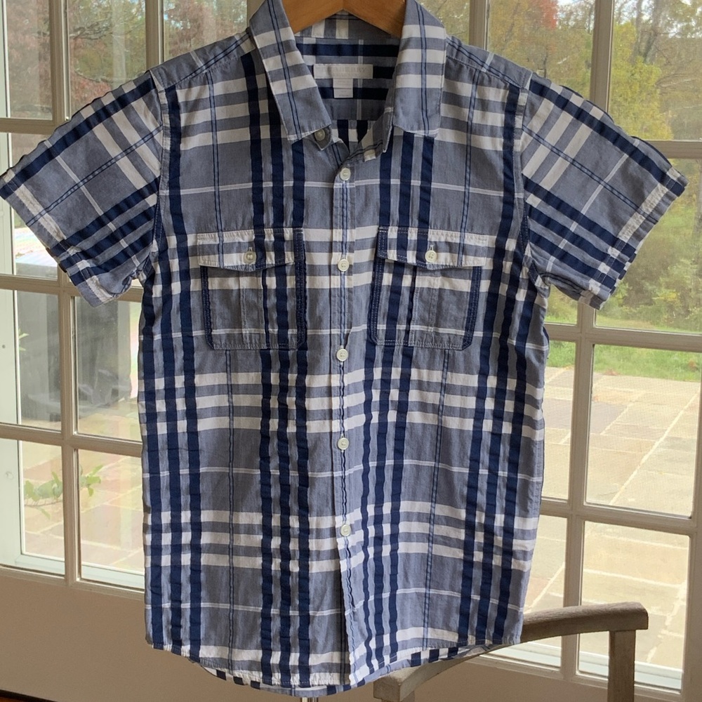 BURBERRY Navy and White Plaid Boys Button Down Shirt (Sz 10)